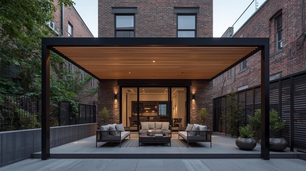 imagen de pergola moderna en una casa de ciudad, con un espacio para compartir